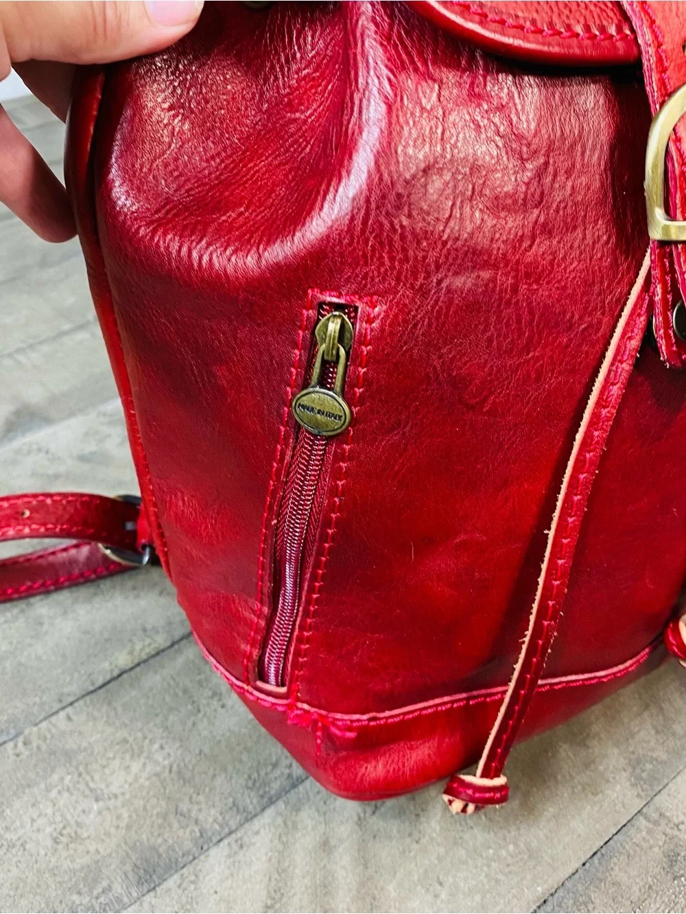 Vera Pelle Italian Red Leather Mini Backpack Vintage Drawstring Flap Bag Italy
